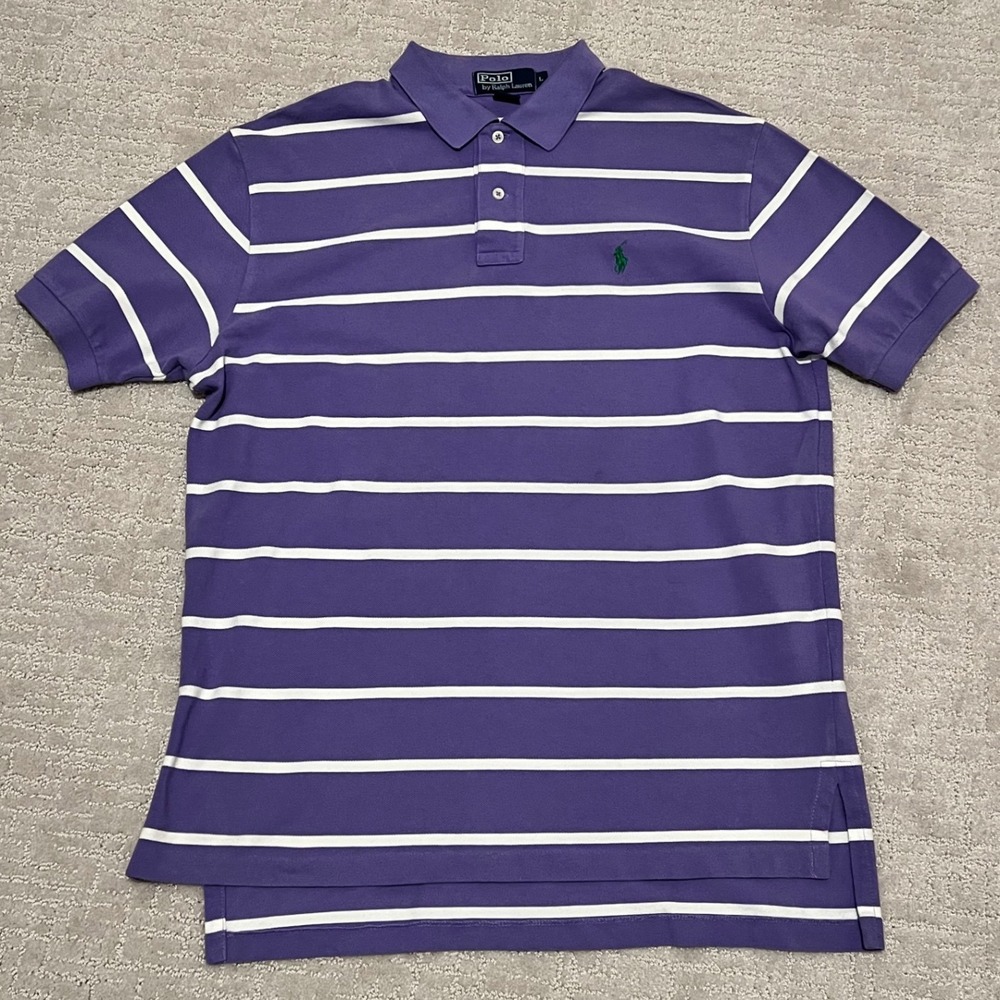 Polo Ralph Lauren Mens Large Purple White Striped Short Sleeve Pony Logo Polo